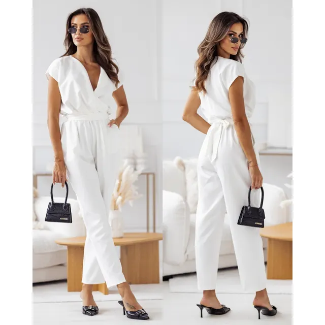 Fashion Solid Color Slimming Short sleeved Jumpsuit Summer Lace up Trousers Womens Clothing White - Shop at LoveMi