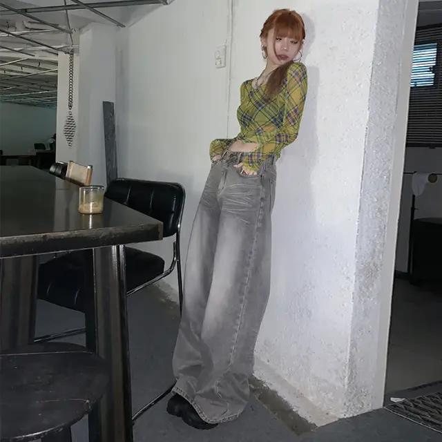 Women's Corrugated Retro Nostalgic Loose Wide Leg Denim Trousers Mocha Gray Lengthened - Shop at LoveMi