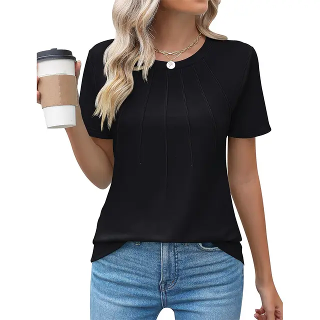 Pleated Round Neck Short Sleeve Women's Top Black - Shop at LoveMi