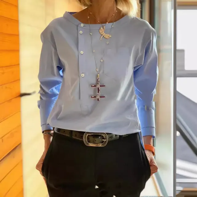 Solid Color Pure Cotton And Linen Zipper Removable Sleeve Shirt Blue - Shop at LoveMi
