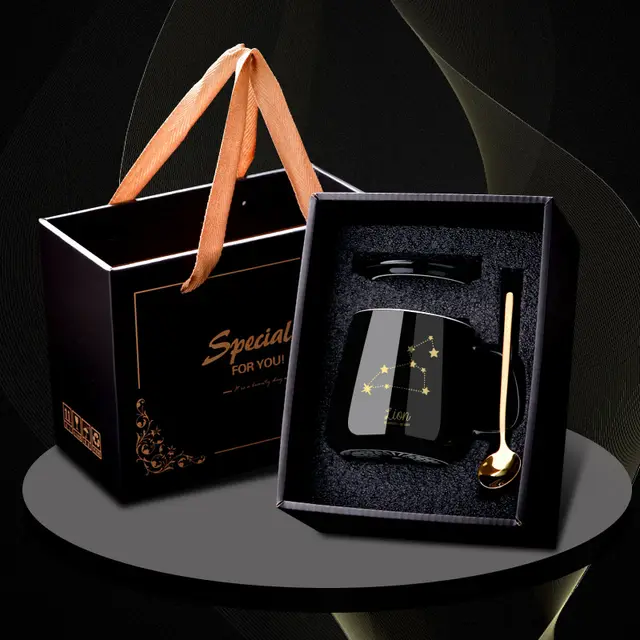 Ceramic Water Cup Household With Lid And Spoon Coffee Cup Leo Gift Box Packaging - Shop at LoveMi