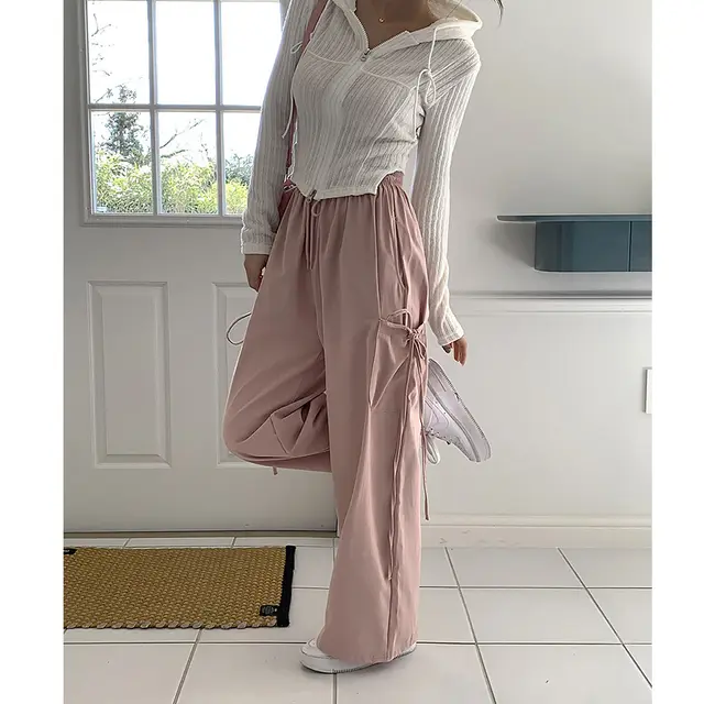 Niche Design Side Pocket Bow Bandage SpringSummer New Straight Loose Casual Pants Pink - Shop at LoveMi