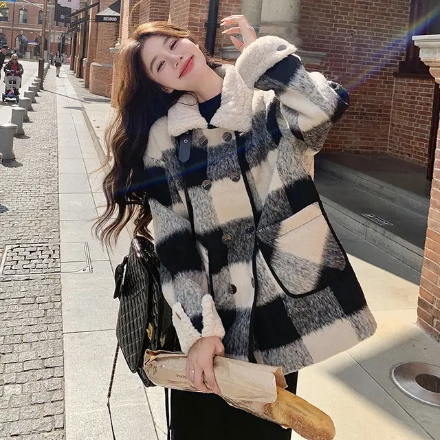 Black And White Lattice Pattern Lamb Wool Coat Black And White Plaid - Shop at LoveMi