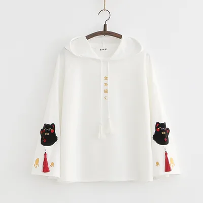 Preppy Style Cartoon Embroidered Sweater Long Sleeve Japanese Style White - Shop at LoveMi