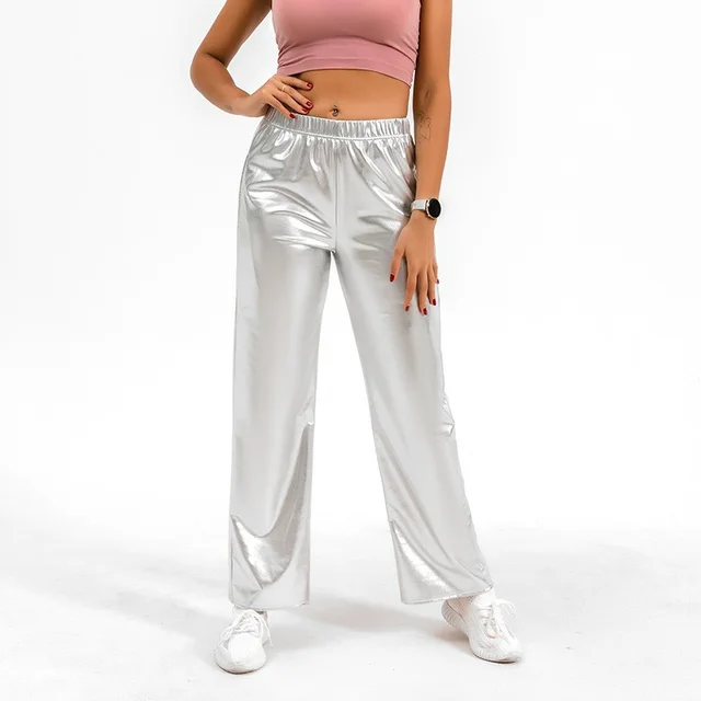Sports Stretch Fashion PU Bright Leather Casual Pants Silver - Shop at LoveMi