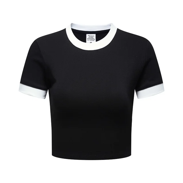 Women's Retro Contrast Color Navel T shirt N516 Black - Shop at LoveMi