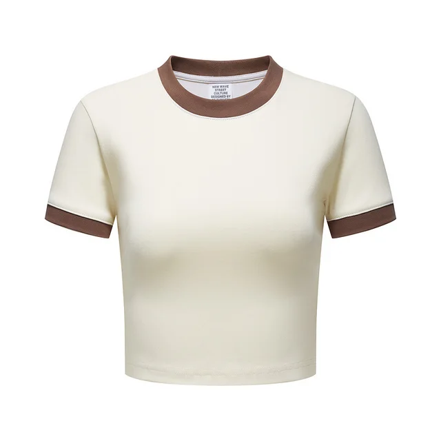 Women's Retro Contrast Color Navel T shirt N516 Brown - Shop at LoveMi