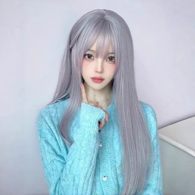 Wig Female Natural Full head Wig Style Fluffy Long Straight Hair Greyish Purple - Shop at LoveMi