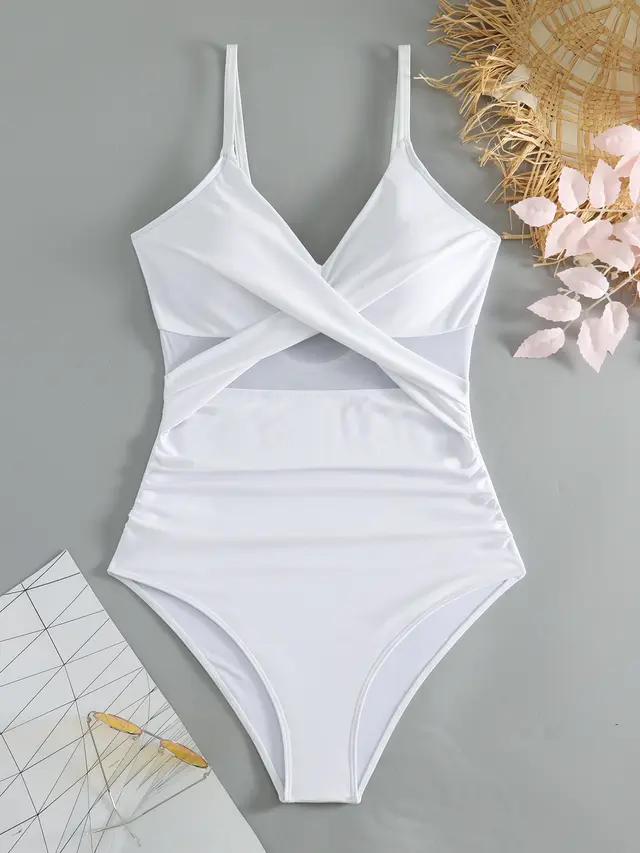 V neck Tight Beach Bikini Triangle One piece White - Shop at LoveMi