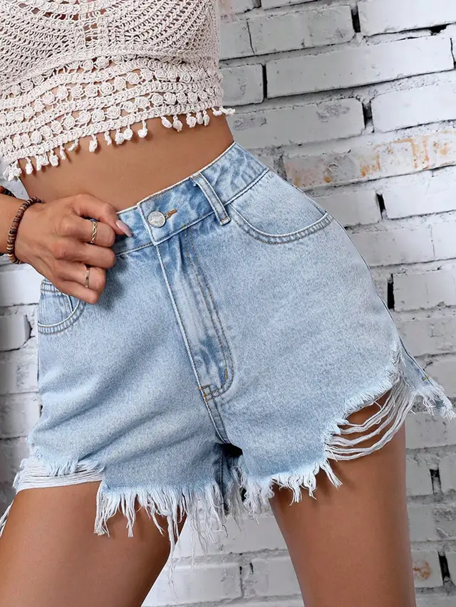 Women's High Waist Raw Hem Ripped Denim Shorts Light Blue - Shop at LoveMi