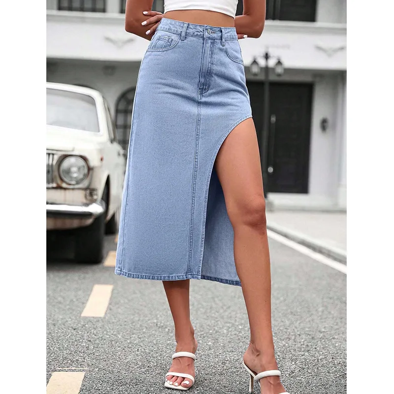 Women's High Waist Sheath Split Denim Skirt Light Blue - Shop at LoveMi