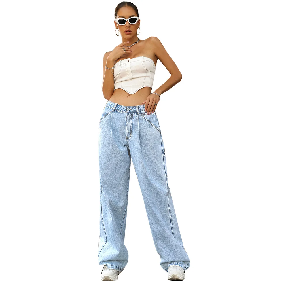 Women's Fashion Trendy High Waist Loose Denim Trousers Light Blue - Shop at LoveMi