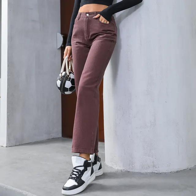 Women's Retro Fashion High Waist Straight leg Denim Trousers Brown - Shop at LoveMi
