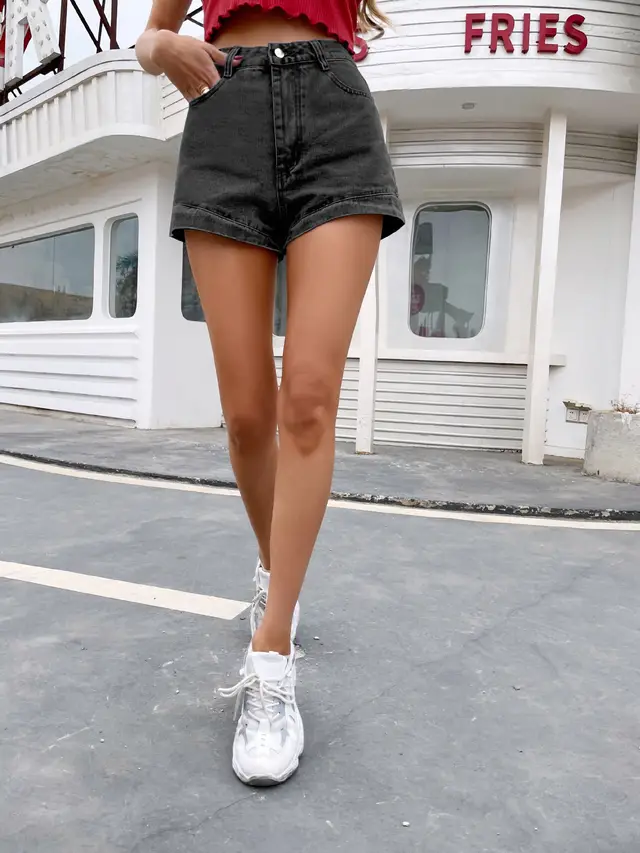 Women's High Waist Slimming And Tight Straight Denim Shorts Dark Gray - Shop at LoveMi