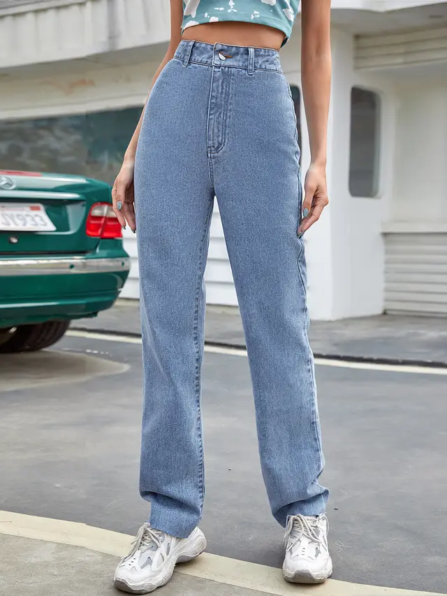 Women's Straight Loose High Waist Denim Trousers Blue - Shop at LoveMi