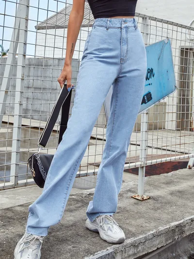Women's Straight Loose High Waist Denim Trousers Light Blue - Shop at LoveMi