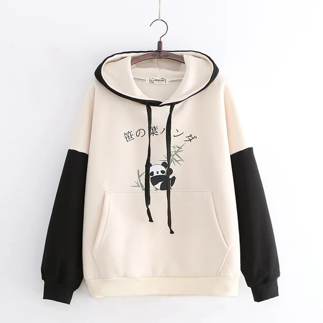 College Style Cute Cartoon Panda Contrast Color Loose Sweater Beige - Shop at LoveMi