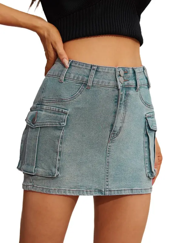 Women's Fashion Temperament Overall Button Skirt Gray Blue - Shop at LoveMi