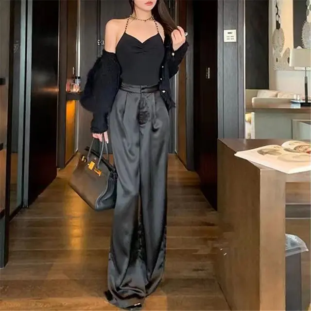 Graceful Casual Pants Slimming White Acetate Satin Wide leg Pants Black - Shop at LoveMi