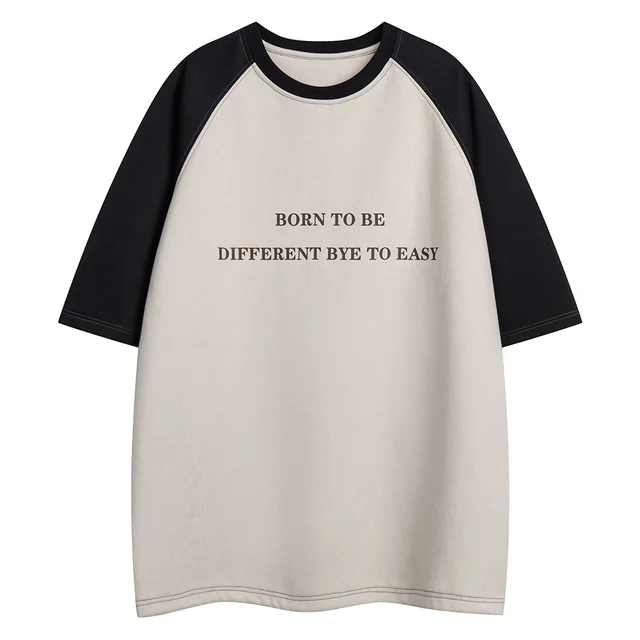 Color Matching Letter Print Short sleeve T shirt Apricot - Shop at LoveMi