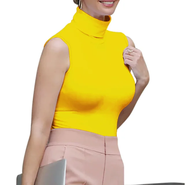 Women's Turtleneck Sleeveless Stretch Cotton T shirt Vest Banana Yellow - Shop at LoveMi