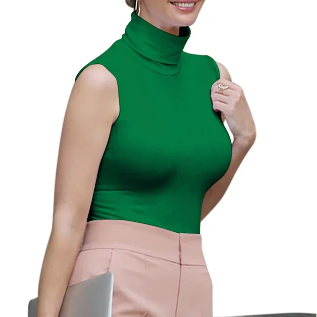 Women's Turtleneck Sleeveless Stretch Cotton T shirt Vest Dark Green - Shop at LoveMi