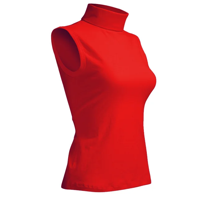 Women's Turtleneck Sleeveless Stretch Cotton T shirt Vest Red - Shop at LoveMi