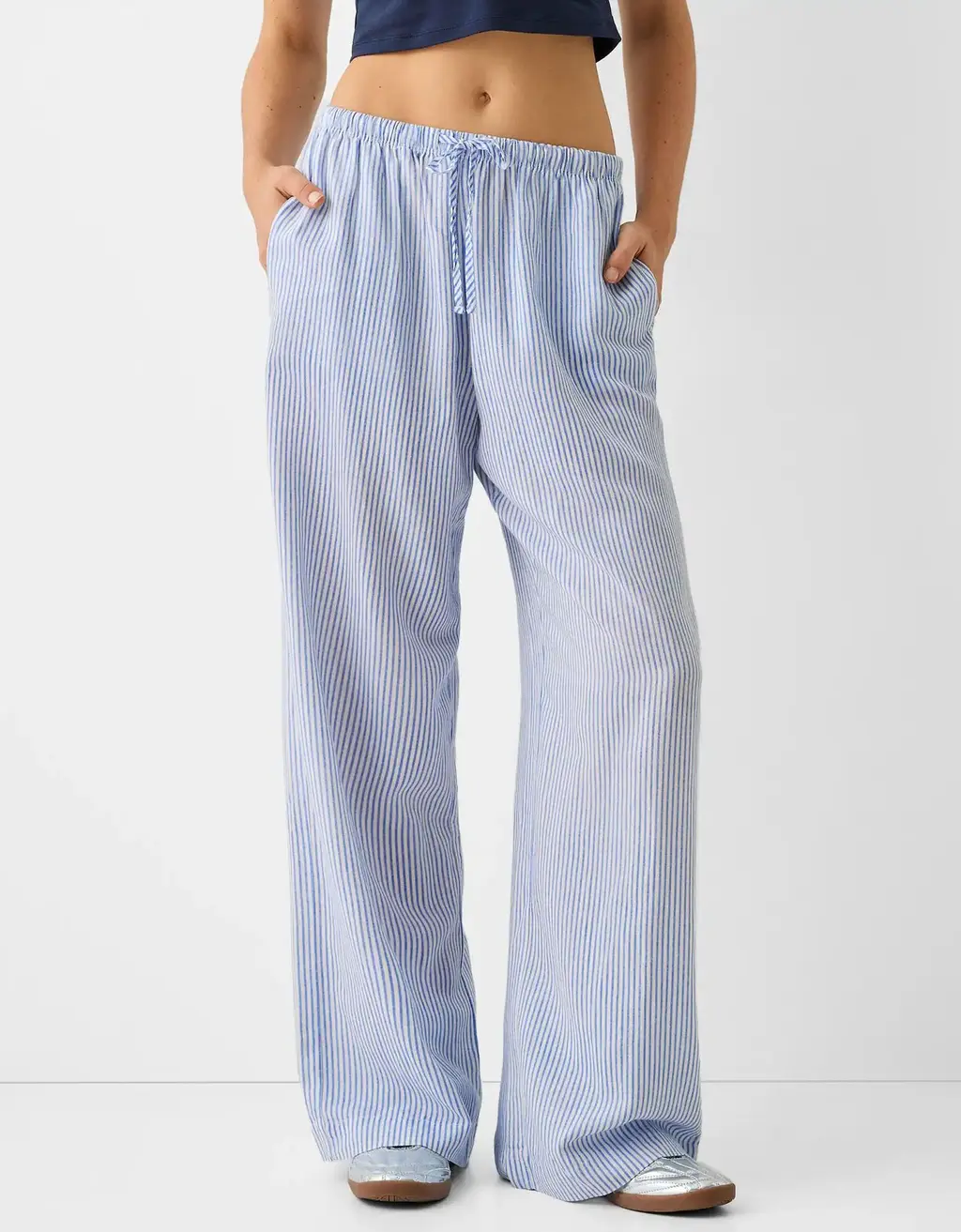 Women's Comfortable Elastic Waist Pinstripe Casual Loose Trousers - Blue