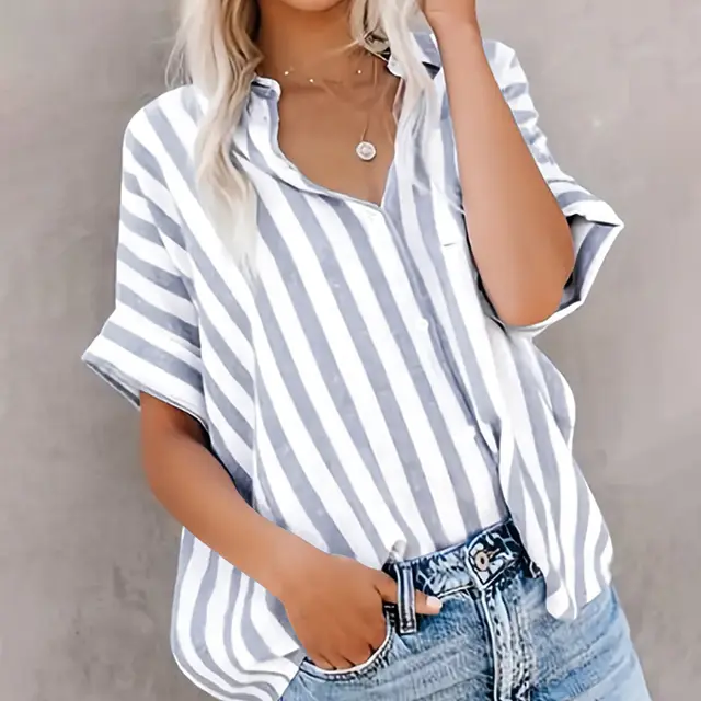 Summer New Women's Short sleeved Shirt Cotton And Linen Stripes Loose Light Grey - Shop at LoveMi