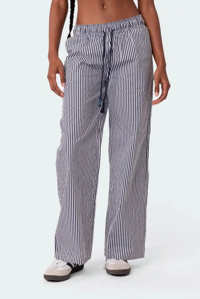 Elastic Waistband Lace up Striped Pocket Casual Trousers Light Gray - Shop at LoveMi
