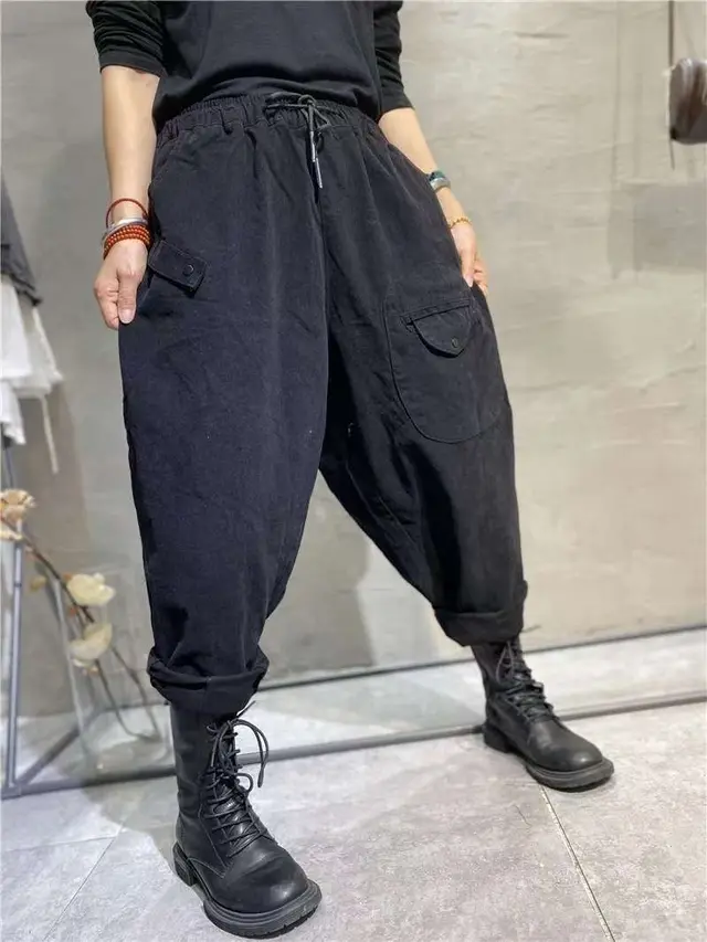Korean Style Elastic Waistband Patch Pocket Overalls For Women Black - Shop at LoveMi