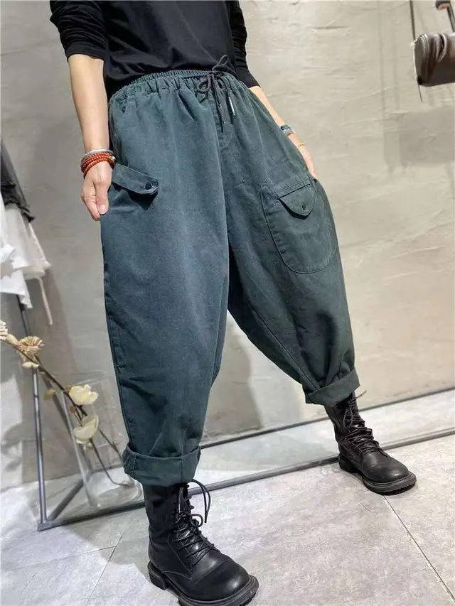 Korean Style Elastic Waistband Patch Pocket Overalls For Women Dark Green - Shop at LoveMi
