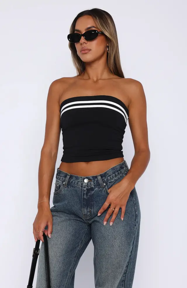 Contrast Color Striped Tube Top Hot Girl Tight fitting Outerwear Black - Shop at LoveMi