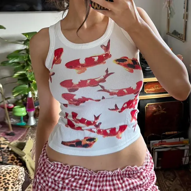 Women's American style Vintage Goldfish Printed Vest Top White - Shop at LoveMi
