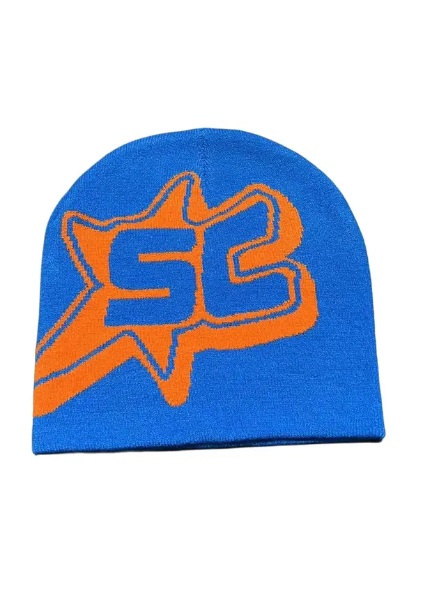 Jacquard Letter SC Trend Knitting Sleeve Cap Blue Orange - Shop at LoveMi