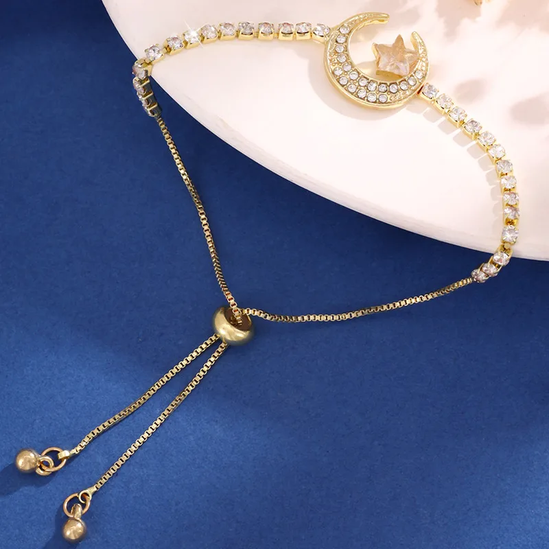 Diamond embedded Star Moon Pull Bracelet Women's Fashion Gold L0024 - Shop at LoveMi