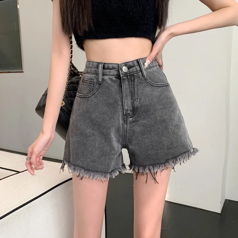 Wide Leg Denim Shorts Frayed Summer New High Waist Slimming Gray - Shop at LoveMi