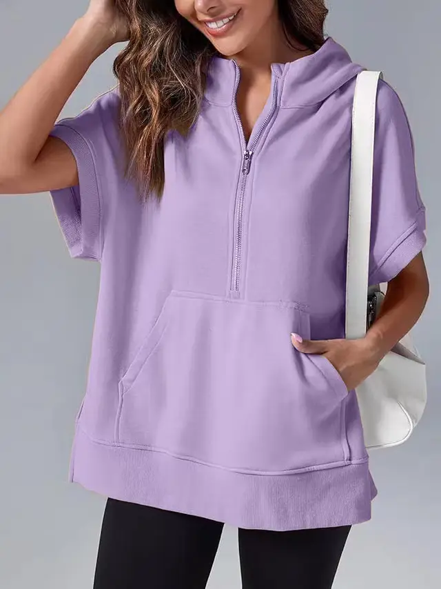 Women's Three point Short sleeved Hooded Sweater Purple - Shop at LoveMi