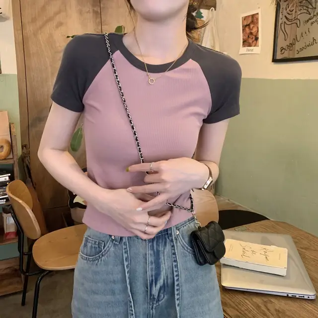 Raglan Sleeve Stitching Contrast Color Summer Slimming Shoulder Short Sleeve Pink - Shop at LoveMi