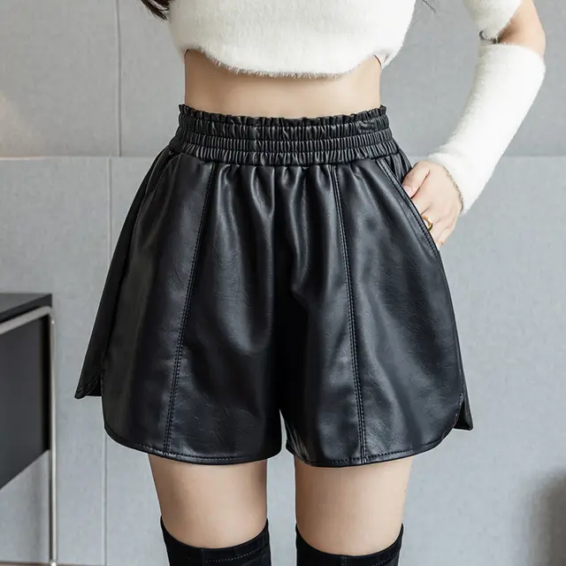 PU Leather Elastic Waist Autumn And Winter A Line Small High Waist Slimming Outside Wear Casual Shorts Black - Shop at LoveMi