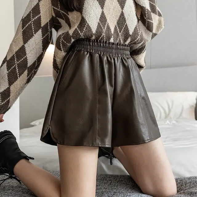 PU Leather Elastic Waist Autumn And Winter A Line Small High Waist Slimming Outside Wear Casual Shorts Brown - Shop at LoveMi
