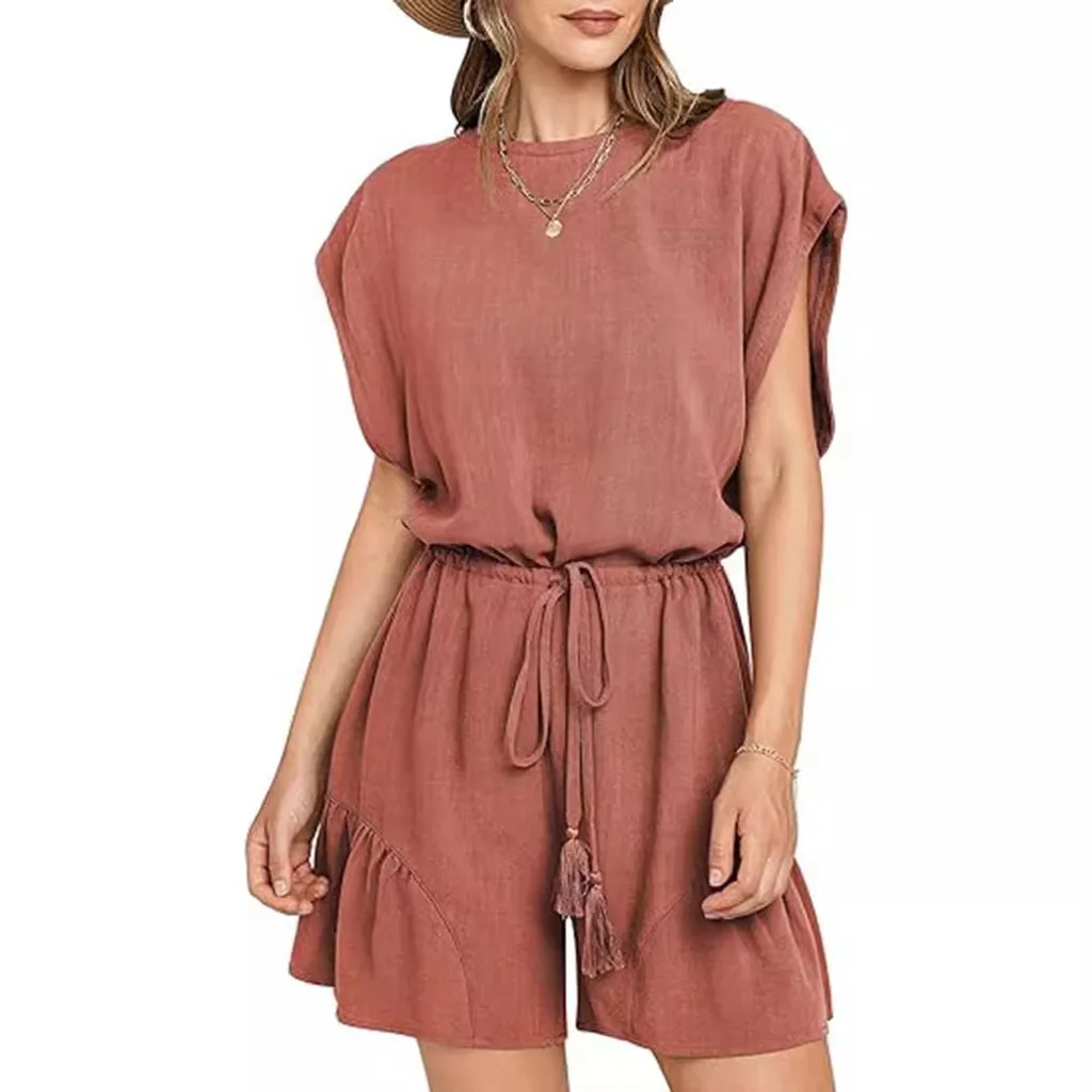 Cotton And Linen Jumpsuit Loose Waist Short Sleeve Women - Brick Red