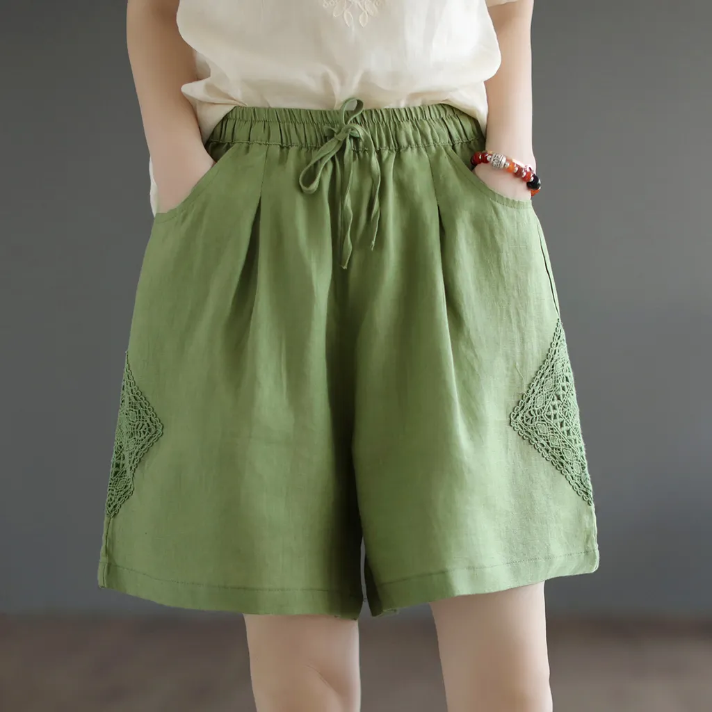 Linen All-matching Stitching Thin Wide Leg Cotton Linen Lace High Waist Leisure - Green