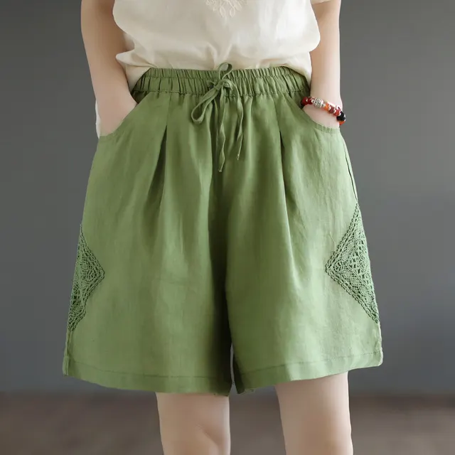 Linen All matching Stitching Thin Wide Leg Cotton Linen Lace High Waist Leisure Green - Shop at LoveMi