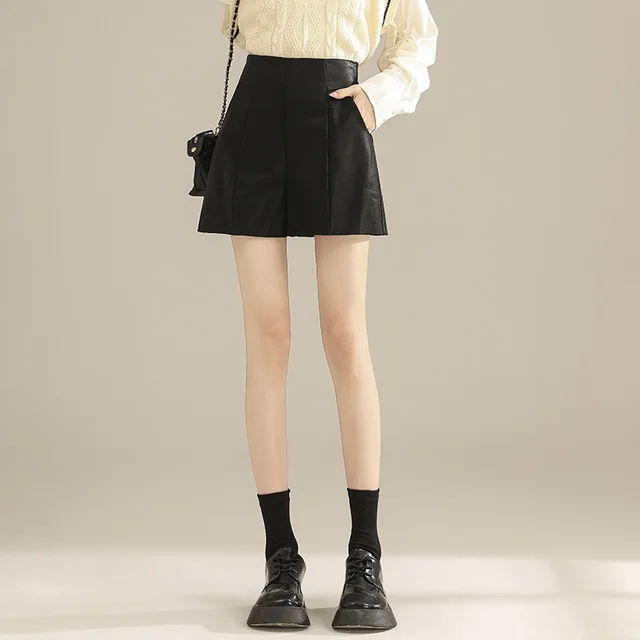 A Line Bootcut Pants Spring And Summer Wide Leg Pants Outer Wear High Waist Black Leather - Shop at LoveMi