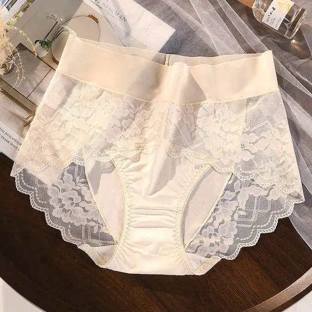 Sexy Panties Women's Lace High Waist Lengthened Crotch 7A Antibacterial Boxer Seamless Champagne - Shop at LoveMi