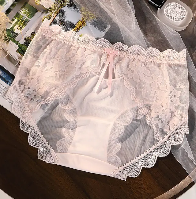Plus Size French Pure Desire Lace Hollow Mesh Sexy Transparent Pure Cotton 7A Antibacterial Briefs Light Pink - Shop at LoveMi