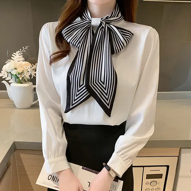 Lady Temperament Satin Striped Shirt With Ribbon White - Shop at LoveMi