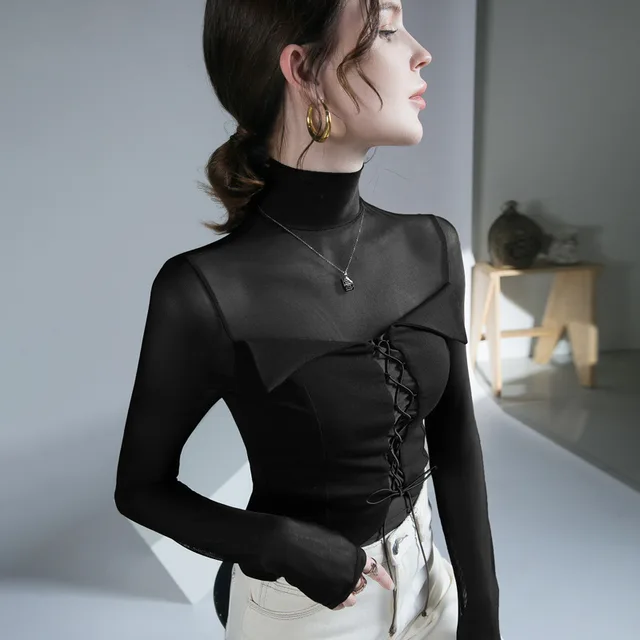 Women's Design Mesh Patchwork Top Bottoming Shirt Black - Shop at LoveMi