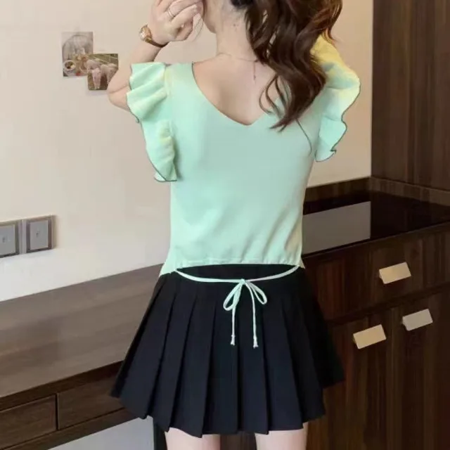 Ruffled Short Sleeves Top Slimming Green - Shop at LoveMi